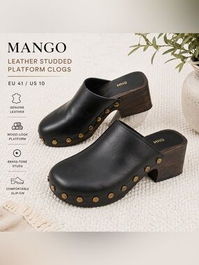 MANGO Black Leather Studded Platform Clogs EU 41 US 10
